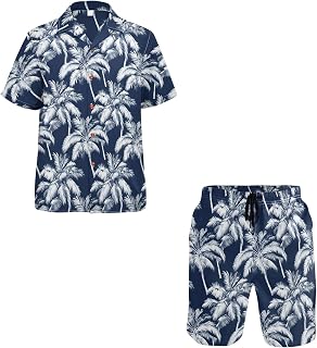 JUNZAN Tropical Palm Tree Hawaiian Shirts and Shorts Matching Set for Men Mens Vacation Beach Outfits Button Down Navy Blue