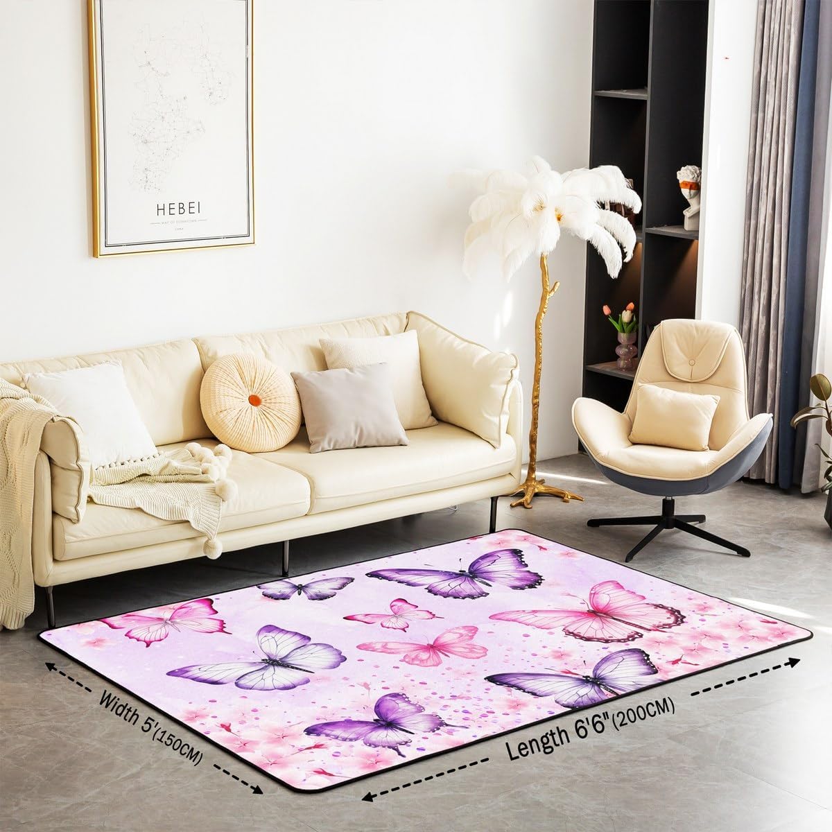 Pink Purple Butterflies Area Rug 3x5 Pastel Cherry Blossom Rug for Girls Boys Kids Adult Wild Butterfly Carpet for Living Room Botanical Flower Non Slip Washable Decorative Rug