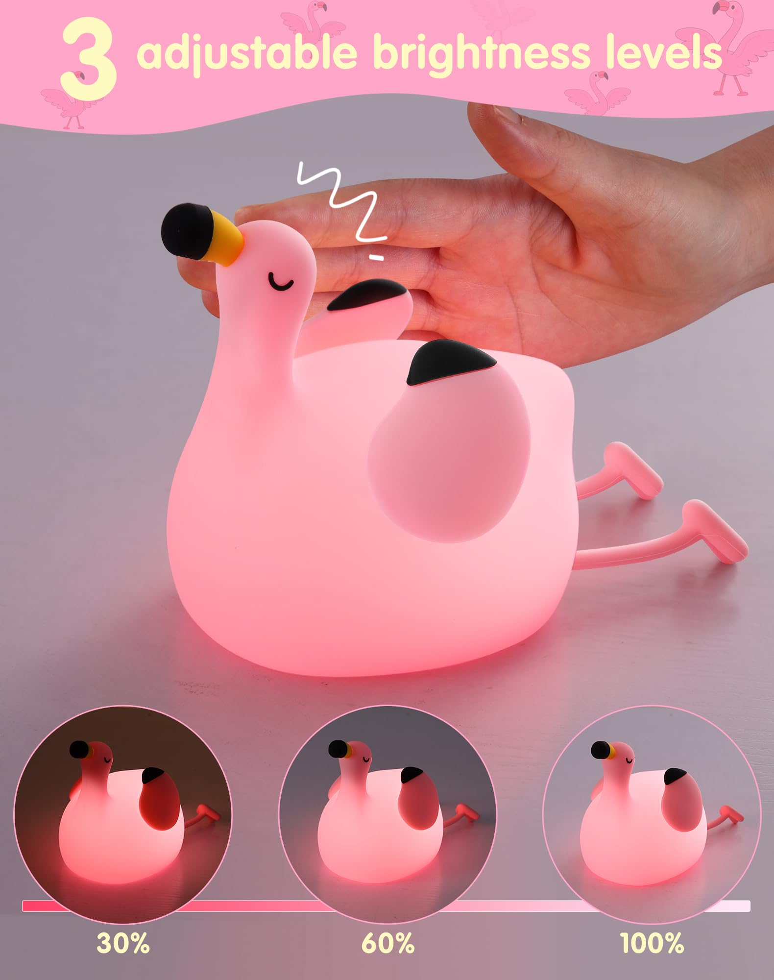 YISUN Veilleuse flamant rose pour enfants, lampe de chevet LED rechargeable en silicone souple avec minuterie, 3 niveaux à intensité variable, jolie veilleuse pour chambre à coucher, salon, salle à