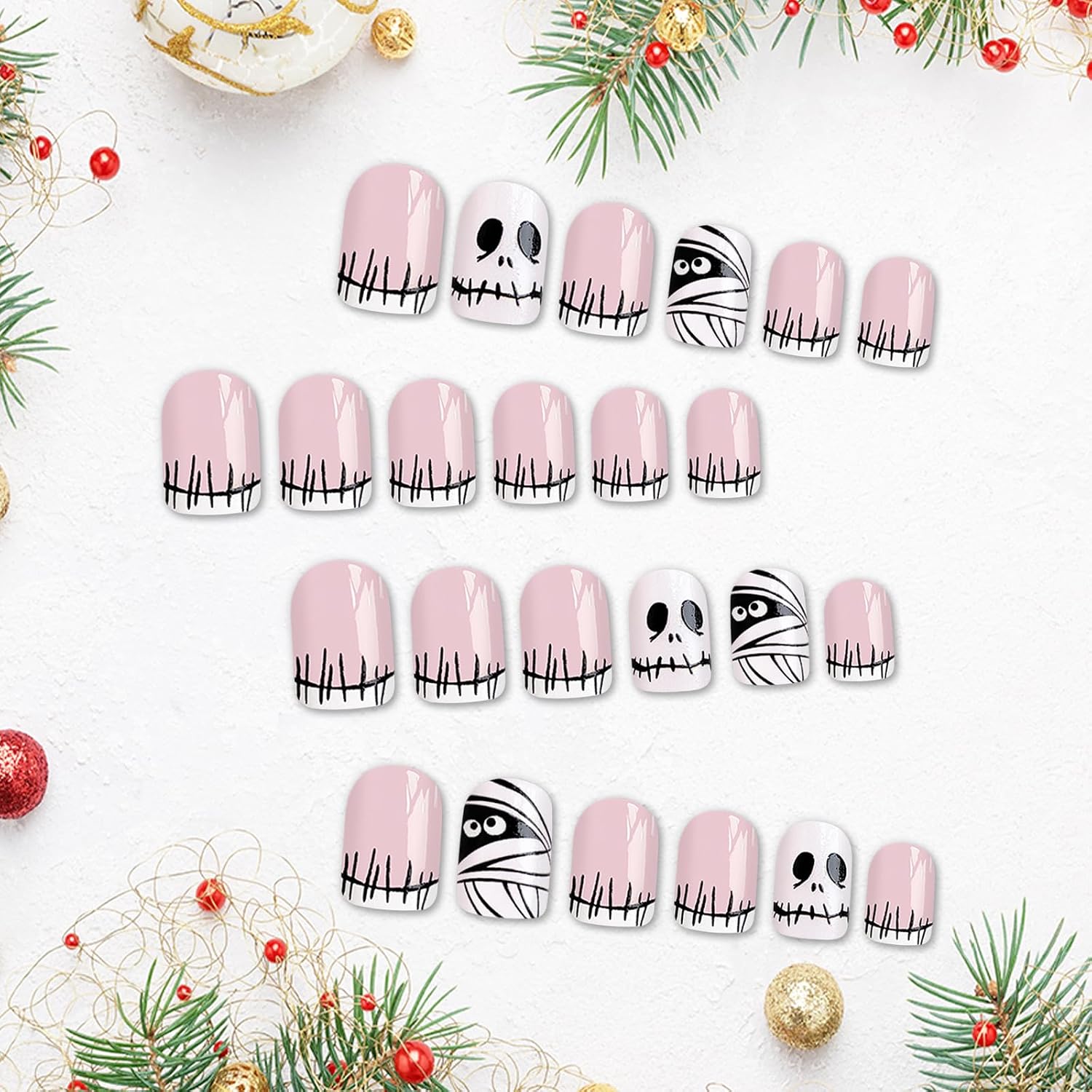 Short Coffin Press on Nails Halloween Skull White French