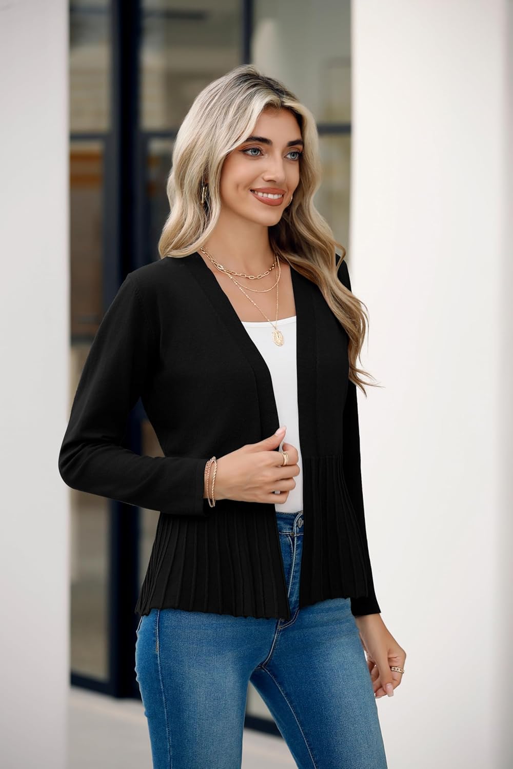 Bettysays Women's Casual Open Front Lightweight Cropped Cardigans Long Sleeve Sweater Soft Draped Peplum Knit Outwear - Image 2