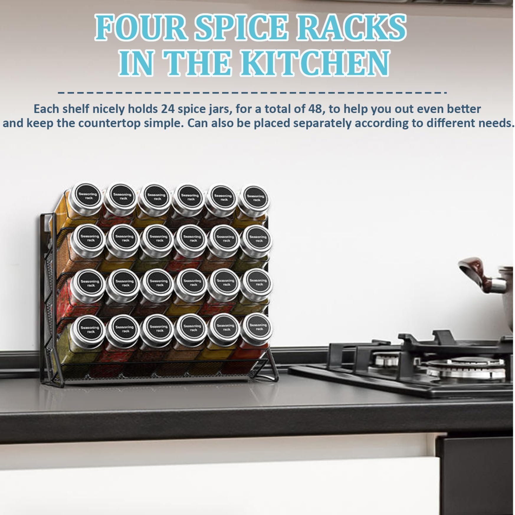 Rack à épices à 4 niveaux Packs à épices autoritaires Gratuit Spices Comptoir en métal Organisateur d'assaisonnement Petite bouteille d'assaisonnement Rangement d'épices Hold 24 Bouteilles pour le co