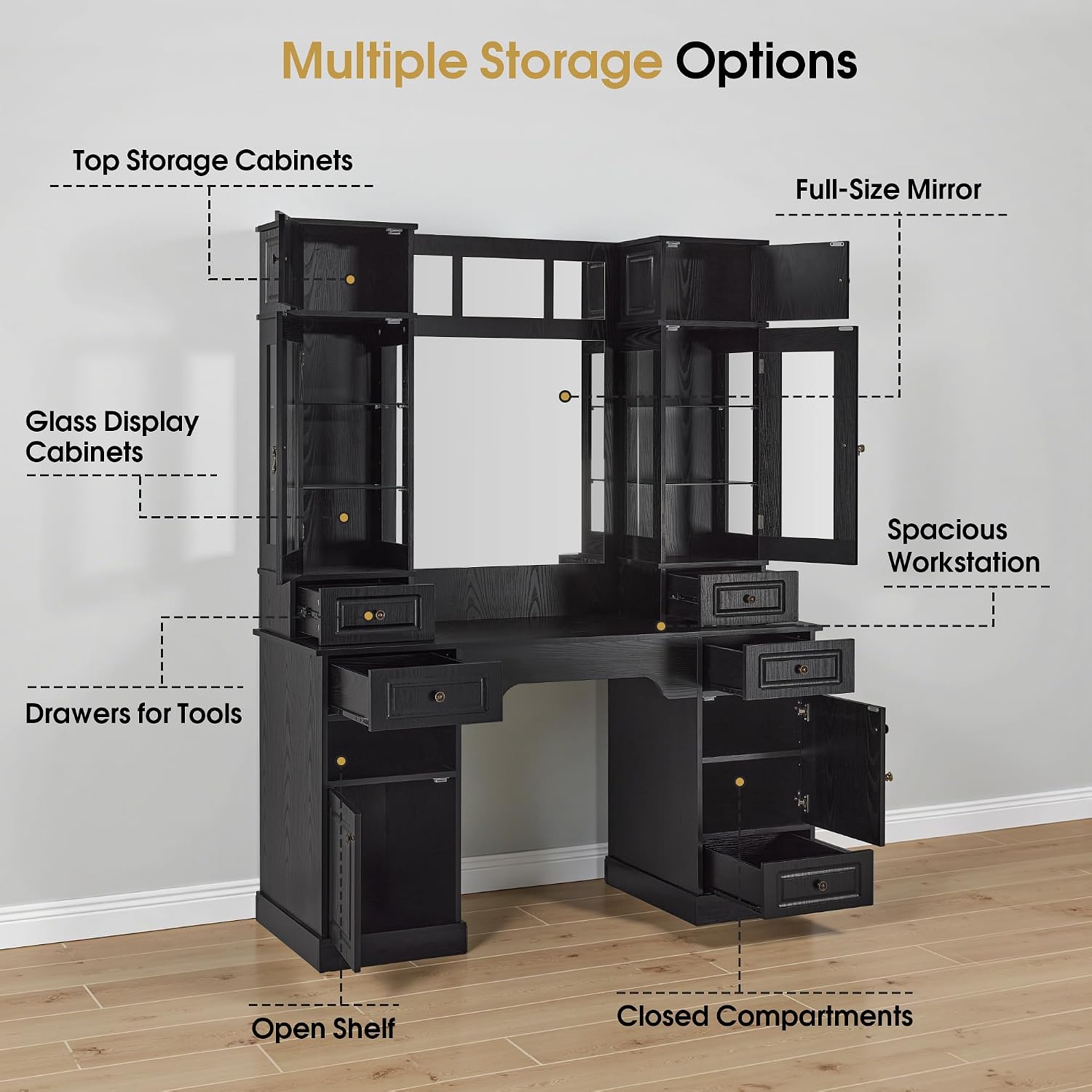 BarberPub Retro Black Barber Station with Mirror, Multi-Storage Salon Workstation with Drawers & Glass Cabinets, Professional Vintage Hair Styling Desk for Barbershop & Beauty Salon 3149