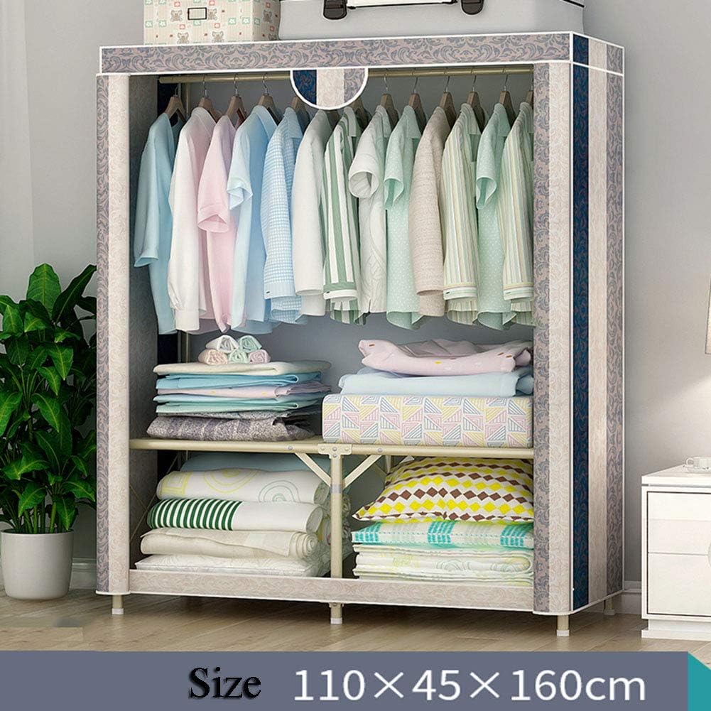 Portable Clothes Closet Wardrobe, with Zipper Wardrobe Storage Steel Pipe Double Rod Wardrobe Fabric Cabinet No-Tool Assembly Storage Shelf,Stripe_110x45x160cm