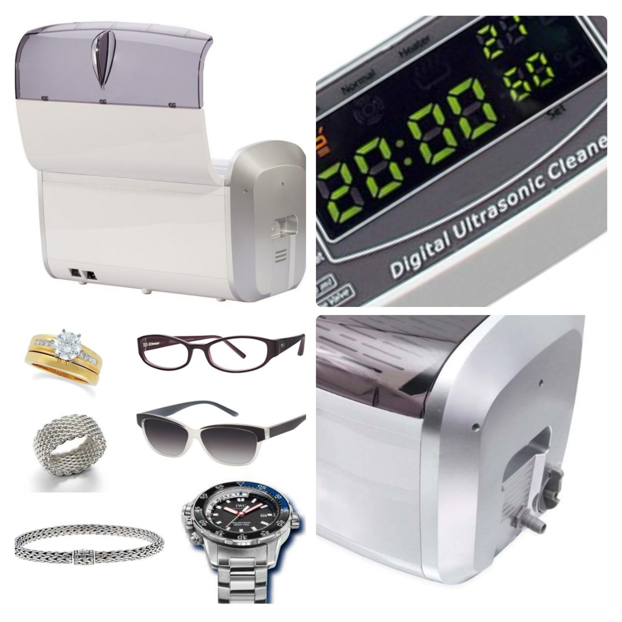 Perel Myjka ultradźwiękowa 6 L, ultrasonic cleaner 35 kHz, do biżuterii okularów zegarków protez monet kluczy, stal nierdzewna, timer cyfrowy i regulacja temperatury, zawór spustowy, biała