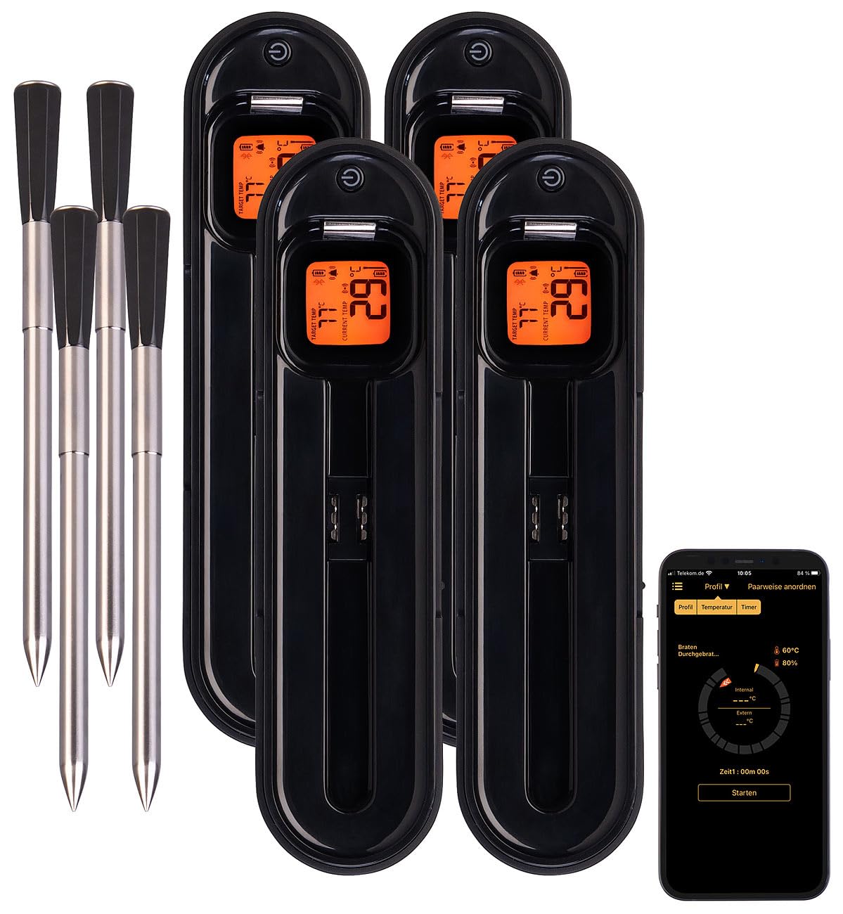 Rosenstein & Söhne Fritteuse-Thermometer: 4er-Set kabellose smarte Fleisch-, Braten- & Grill-Thermometer,BT5,App (Grillthermometer kabellos Funk, Lebensmittel, Topf)