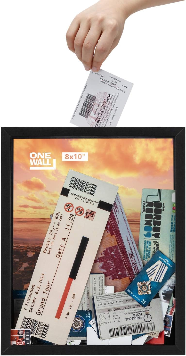 ONE WALL 8x10 Inch Shadow Box Display Case Black Wood Frame with Top Loading for Memorable Stamps, Tickets for Wall and Tabletop - Mounting Hardware Included
