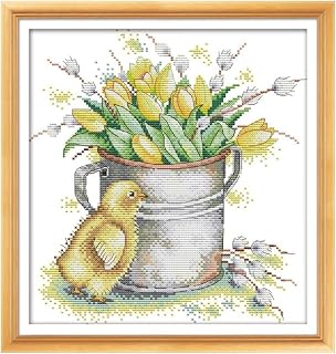 Kit de Punto de Cruz de Tulipanes Amarillos y Pollitos, 14ct, 11ct, Lienzo Impreso, Puntadas, Bordado, Costura Hecha a Mano DIY (Size : 11ct Print Canvas)