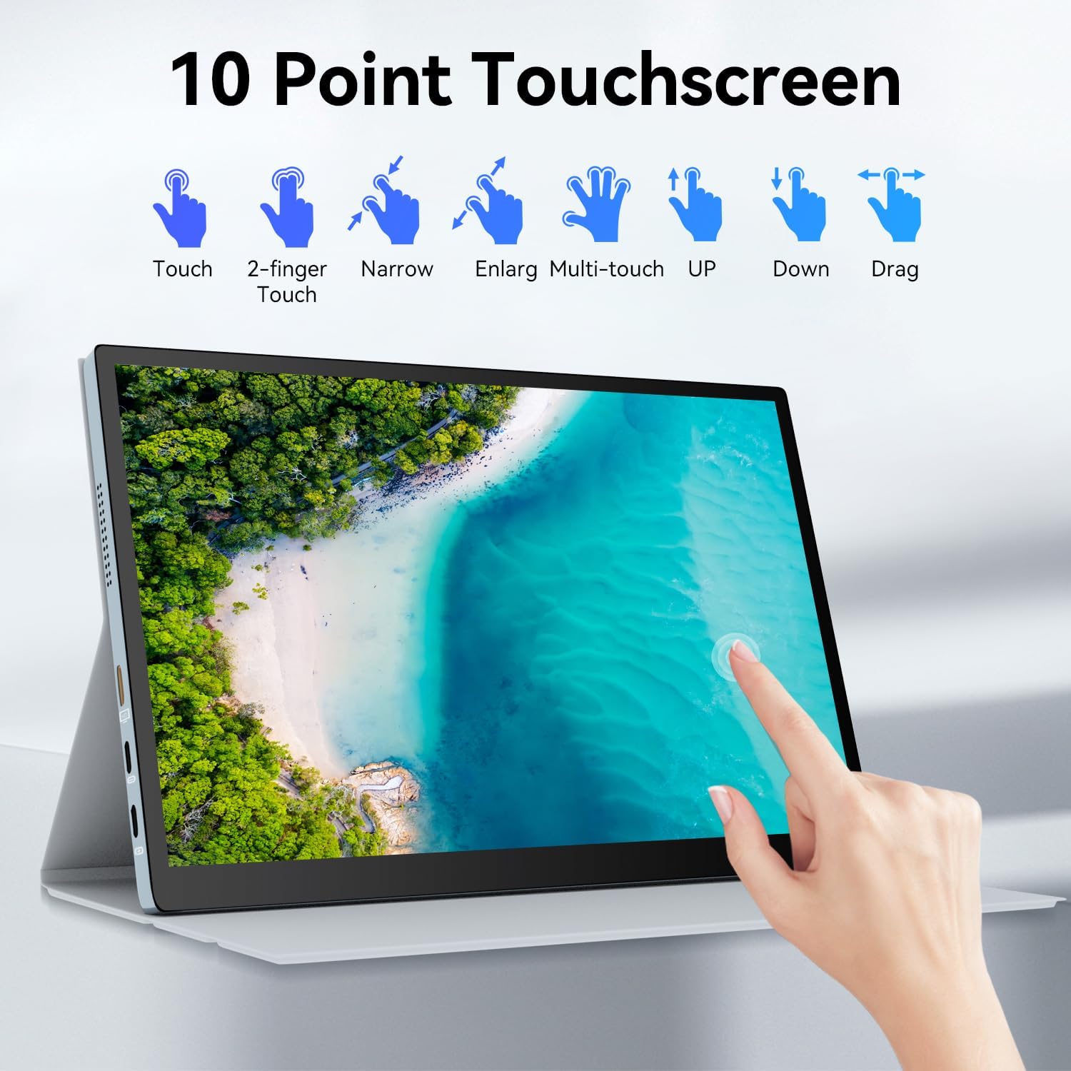 Diagram illustrating 10-point touchscreen gestures like touch, 2-finger touch, narrow, enlarge, multi-touch, up, down, and drag.
