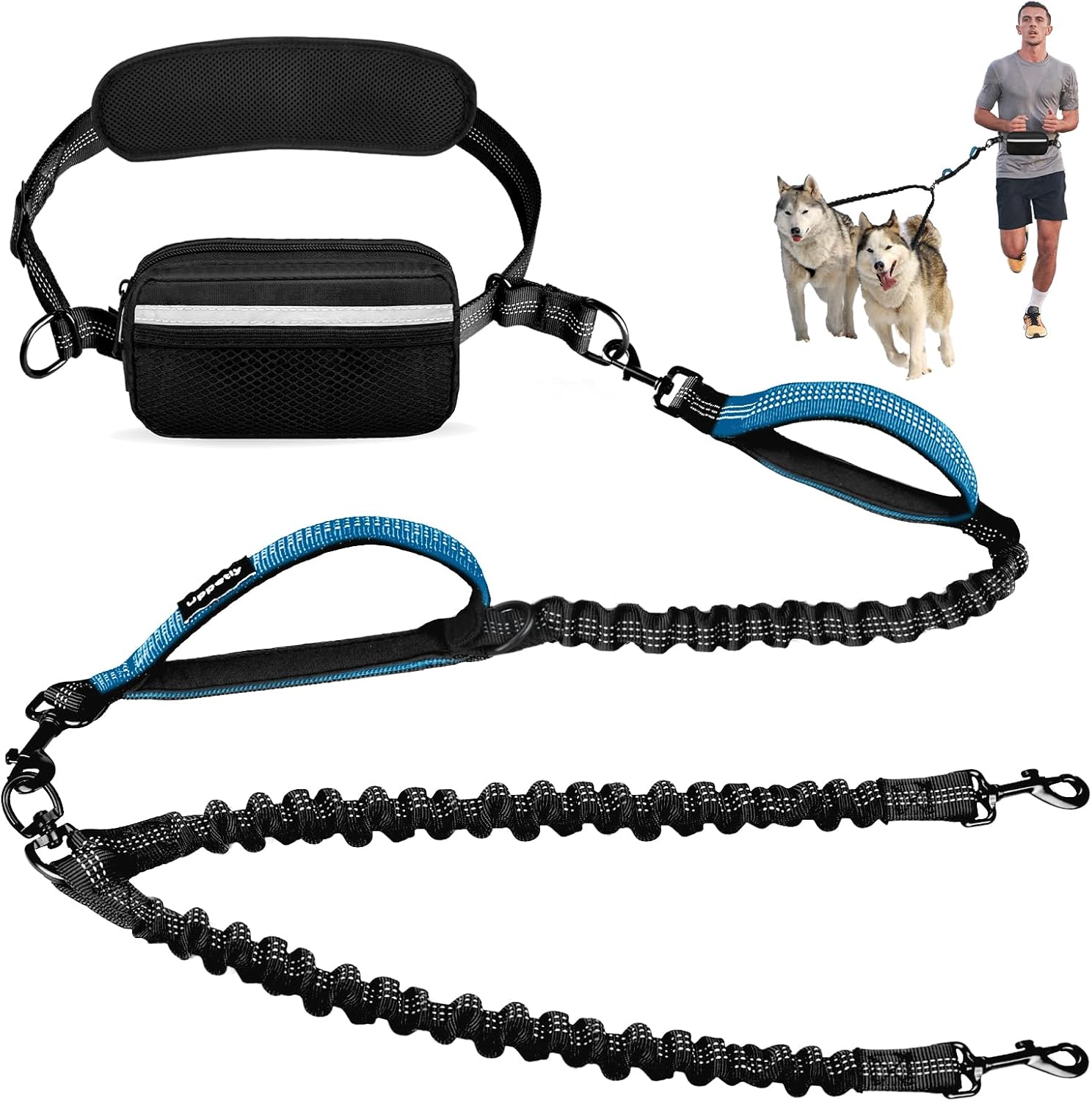 Uppetly Hands Free 2 Dog Running Leash with Waist Belt, Dual Handle Elastic Bungees Retractable Rope for Medium and Large Dogs, Reflective Stitches for Walking Hiking Biking (Large Blue, 25-120lb)