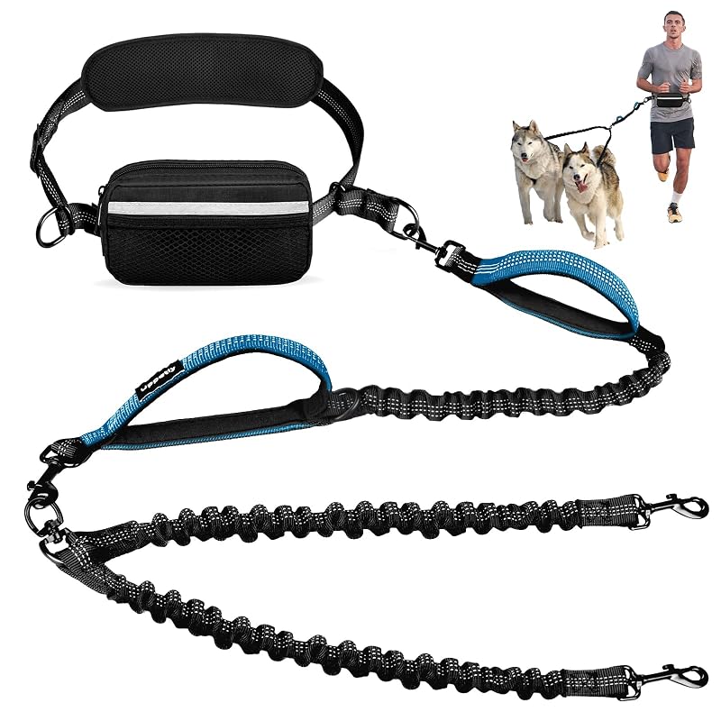 Guia dupla para cães com cinto de cintura, cordas elásticas refletivas e bolsa Uppetly, Médio/Grande, Azul, 11,3–54,4 kg