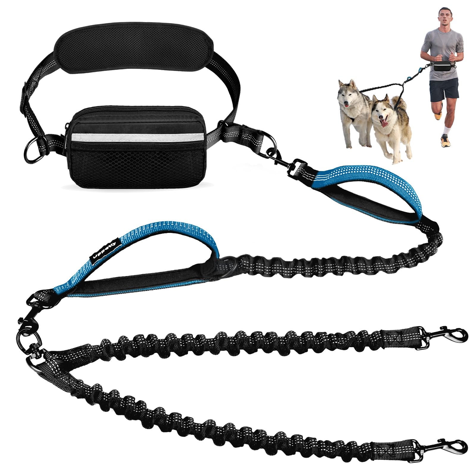 Hands Free 2 Dog Running Leash with Waist Belt, Dual Handle Elastic Bungees Retractable Rope for Medium and Large Dogs, Reflective Stitches for Walking Hiking Biking (Large Blue, 25-120lb)