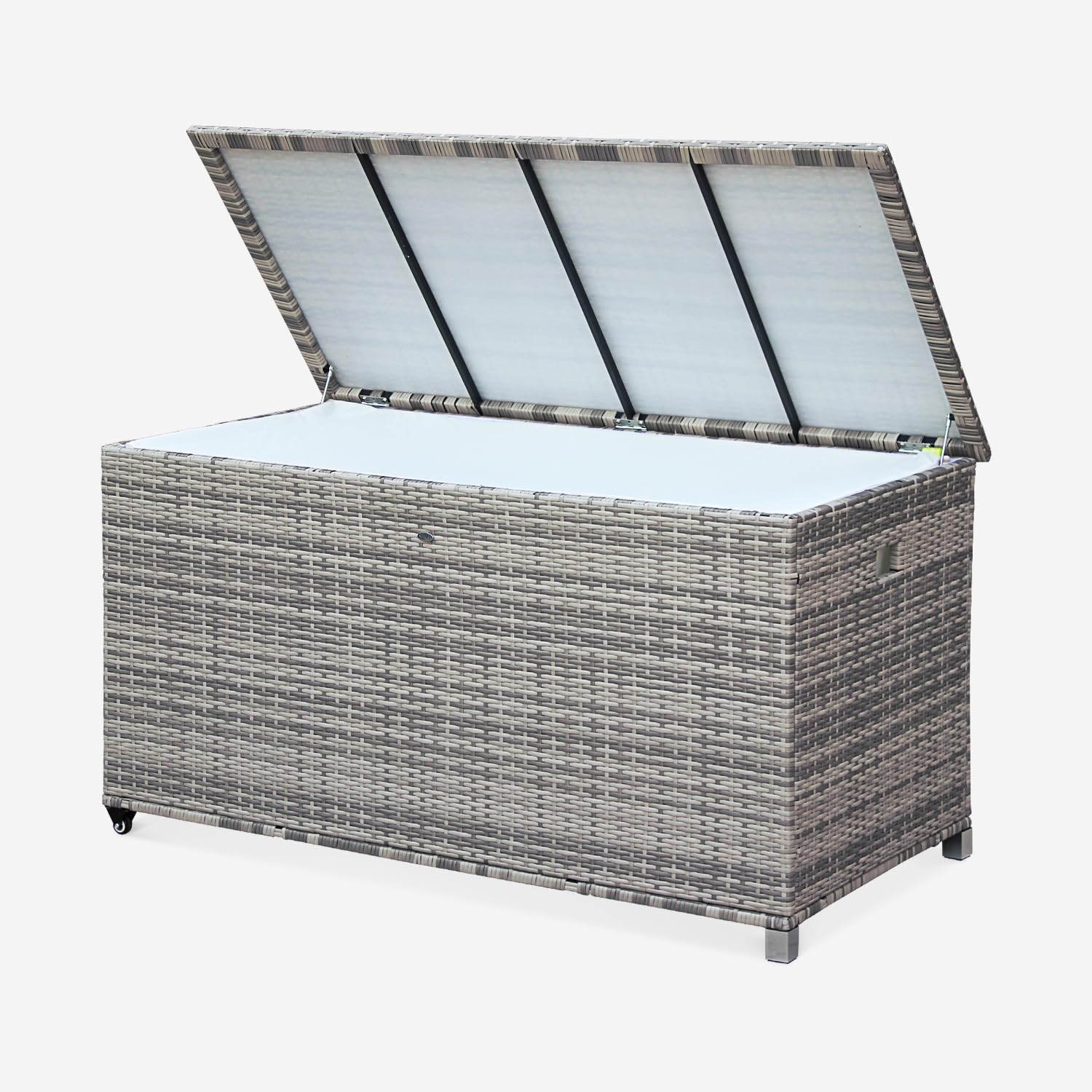 Alice's Garden - Coffre de jardin en résine tressée - Cassapanca Nuances de Gris - 790L. vérins. roulettes. poignée et housse intérieure écrue. rangement coussins 162x82cm
