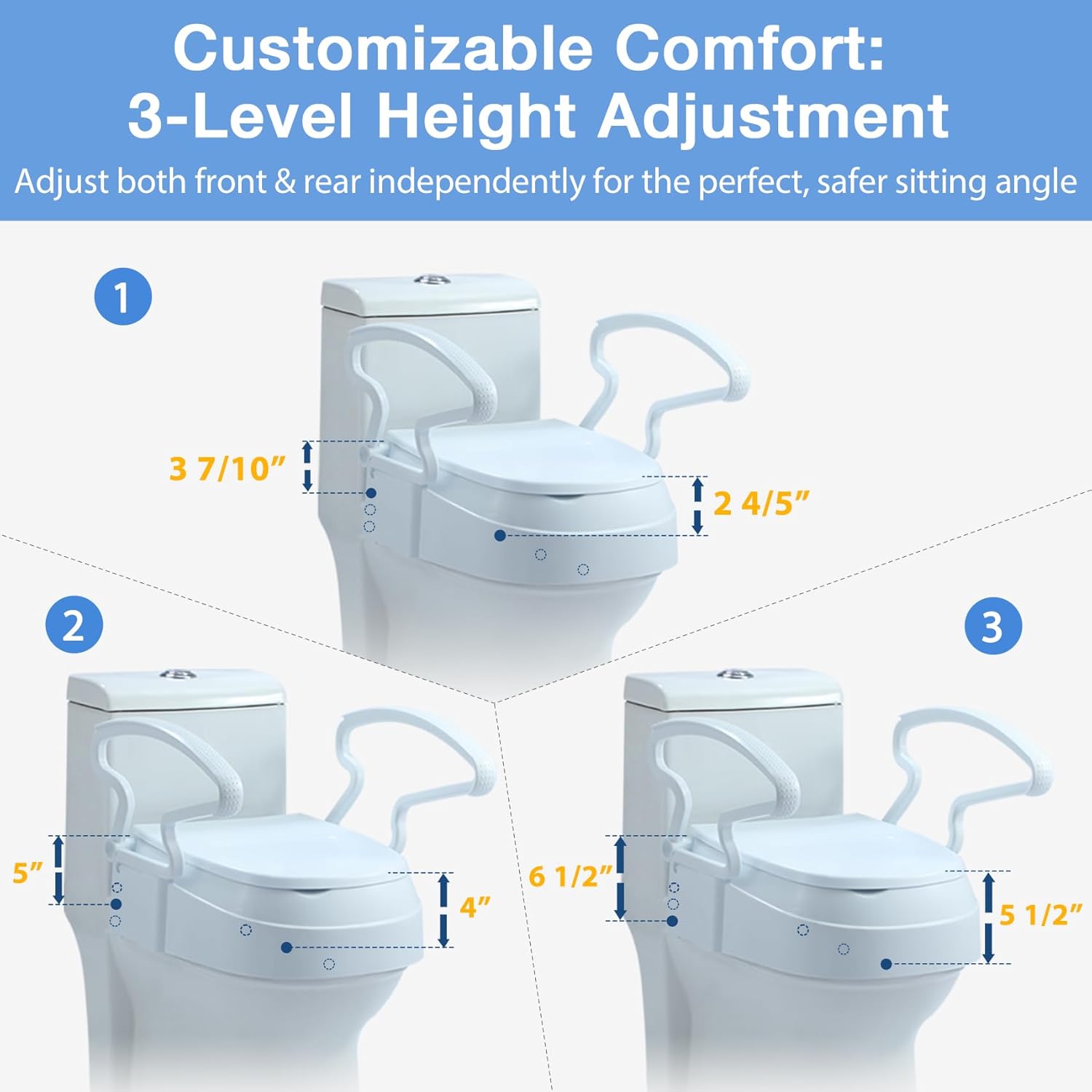 Diagram showing three different height adjustments for the toilet seat riser.