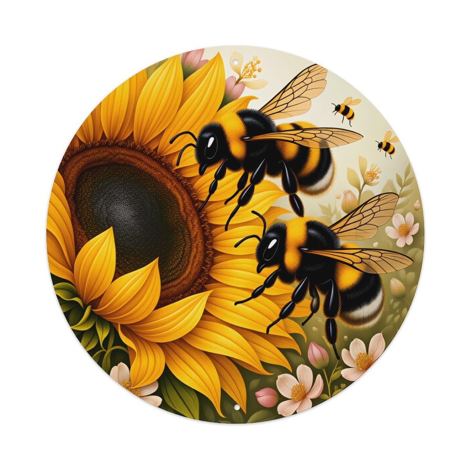 Sunflower Bees Pollination Nature Floral Artistic Round Vintage Tin Sign,Retro Wall Art,Metal Poster for Home, Bar, Garage, Cafe, Rustic Indoor & Outdoor Decor, 8x8 Inches