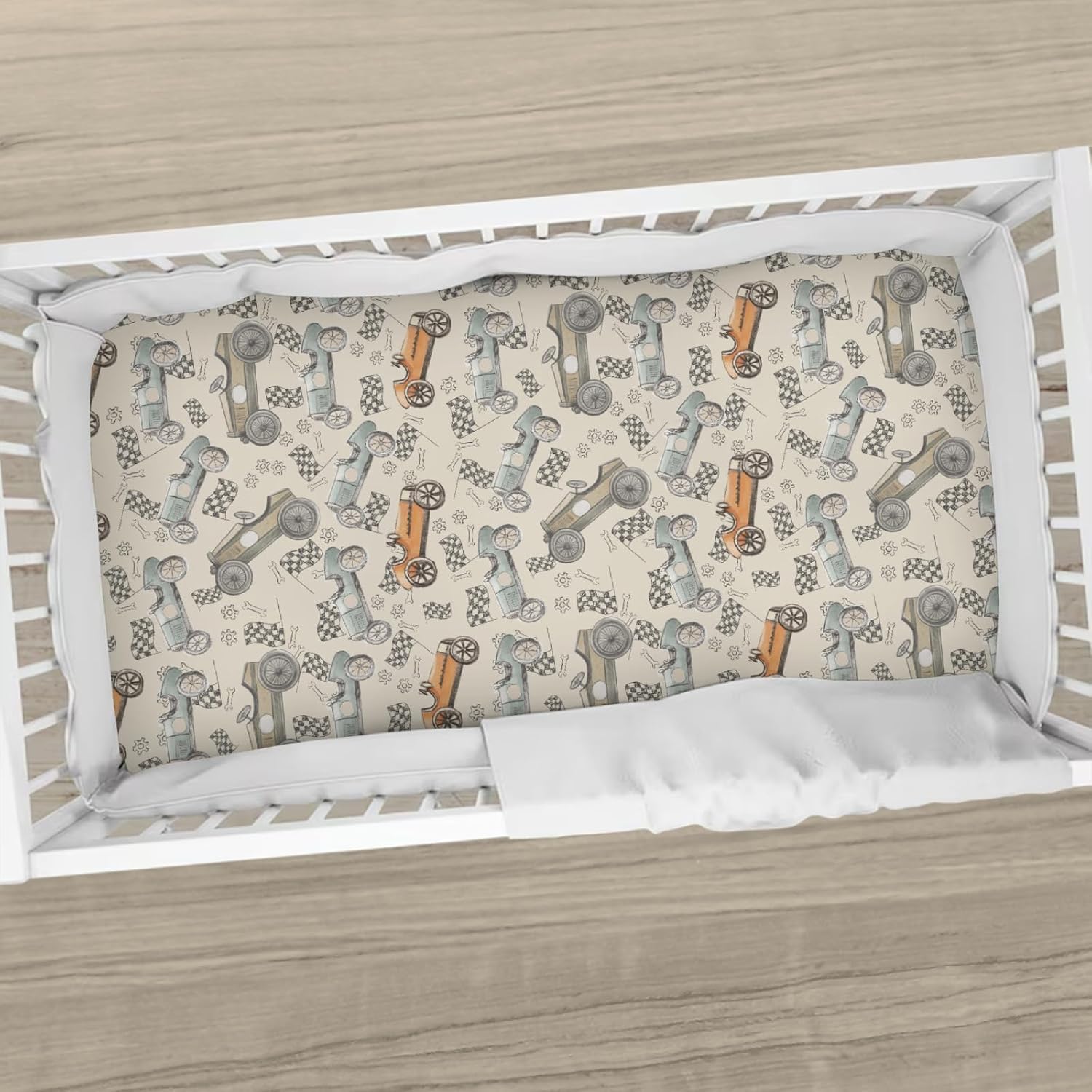 Vintage Race Car Vehicle Baby Crib Sheets for Standard Crib and Toddler Mattresses Retro Racing Racecar Nursery Bedding Sheet Outdoor Sports Crib Mattress Sheets 28x52in
