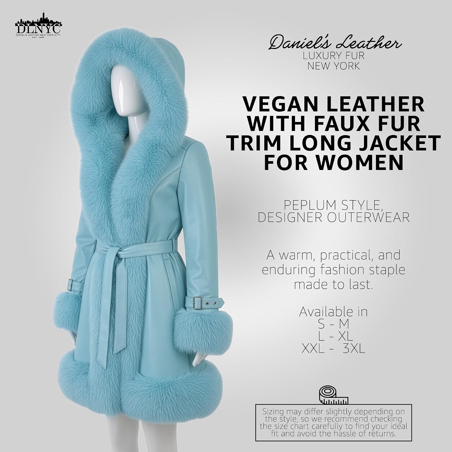 DLNYC Women’s Vegan Leather Belted A Line Winter Coat with Faux Fur Trim Hood, 3/4 Length, Luxurious Winter Fashion Outerwear