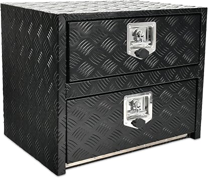 24"x18"x20" Heavy Duty Aluminum Underbody Truck Tool Box with Drawer, Two-tier Truck Bed Toolbox w/Lower Door & T-Handle Latches for Truck RV Pickup Trailer, Black