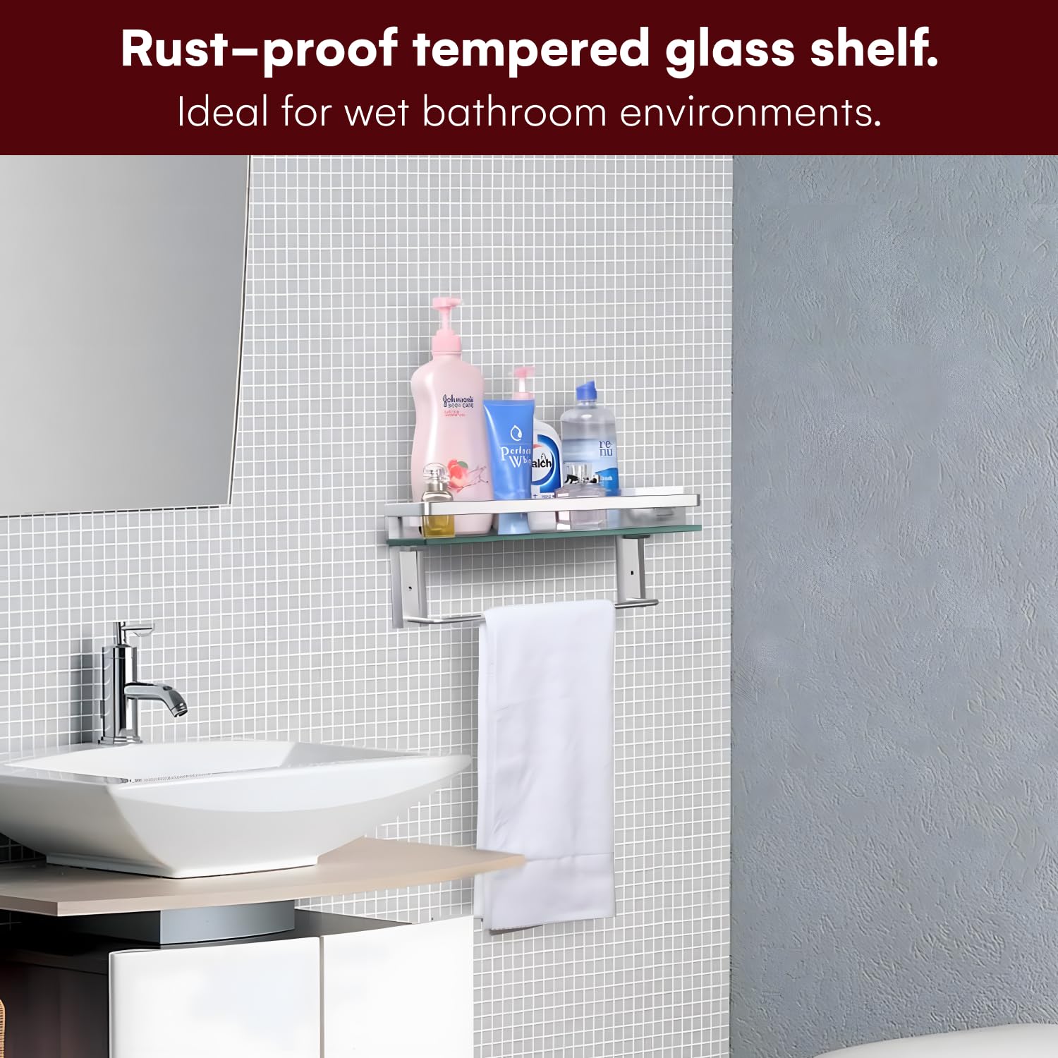 Vdomus Glass Bathroom Shelf with Hand Towel Bar, Rectangular Wall Mounted Bathroom Shelf Storage Extra Thick Tempered Glass, 15.2x4.5 inches with Brushed Silver Finish