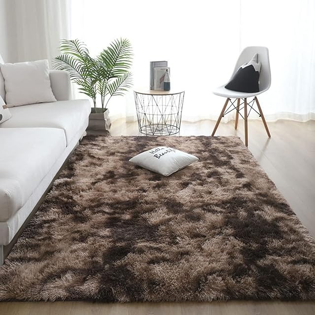 Area Rugs Living Room Large 120x160cm Brown Extra Fluffy Shaggy Fur Anti Slip Tie-Dye Rug for Bedroom Kids Room Carpet