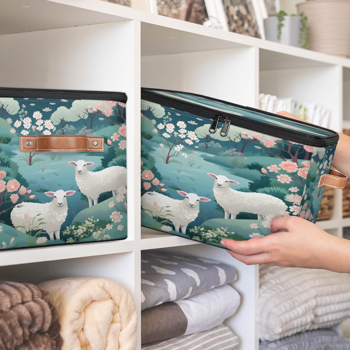 Storage Bin Set of 2 Cute Sheep Flower Storage Basket with Zipper Lid & Handle Foldable Closet Shelf 2 Pack Cloth Organizer Basket Cube Bins Clothes Organizer for Bedroom, Nursery