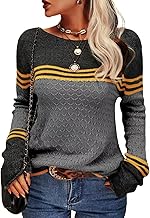 Women's Autumn and Winter Striped Crew Neck Long Sleeve Casual Warm Tunic Knitted Elegant Wool Color Patchwork Knitted Pullover Top Tops