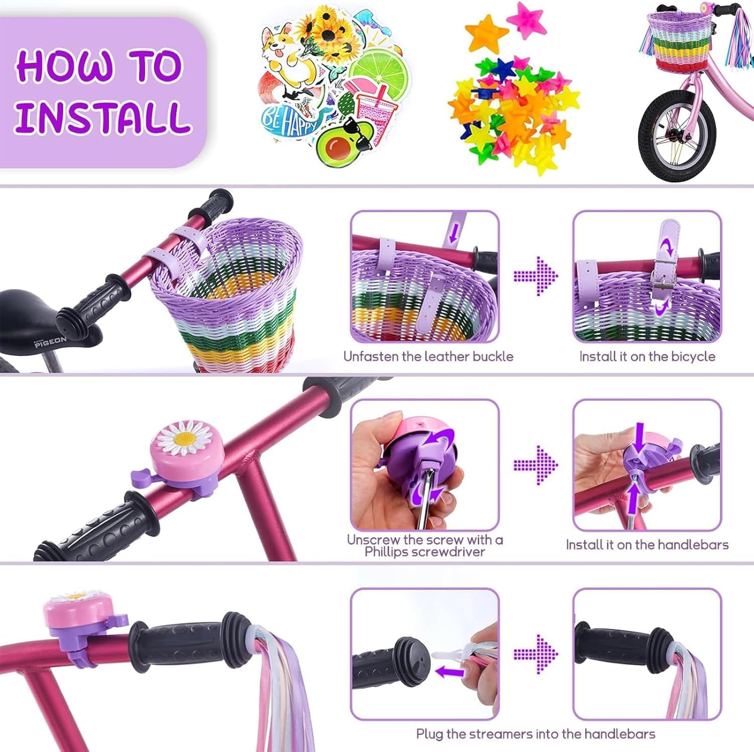 Panier de vélo pour enfant - Panier de vélo avant pour enfants - Avec sangles en polyuréthane, autocollants, glands de vélo et sonnette de vélo - Accessoires de vélo pour enfants - Couleur arc-en-ciel