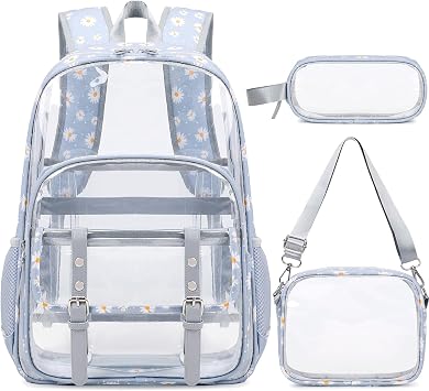 Scothen 3PCS Clear Backpack for Women Girls, Heavy Duty Transparent Bookbag for School, Fabric & PVC Transparent Backpack with Reinforced Strap, Capacity Leather Clear Bag for College, Travel