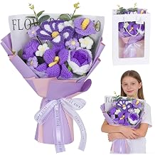 Crochet Flowers Bouquet, Hand Knitted Flower Bouquet with Gift Bag, Crochet Artificial Flower, for Mother's Day, Weddings, Anniversary, Graduation, Home Decor