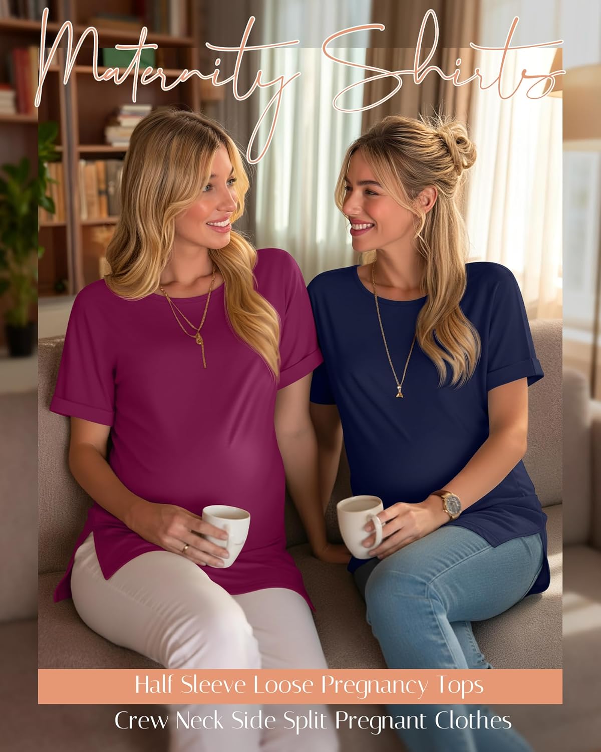 Ficerd 3 Pack Women's Maternity Shirts Half Sleeve Loose Pregnancy Tops Crew Neck Side Split Pregnant Clothes - Image 3