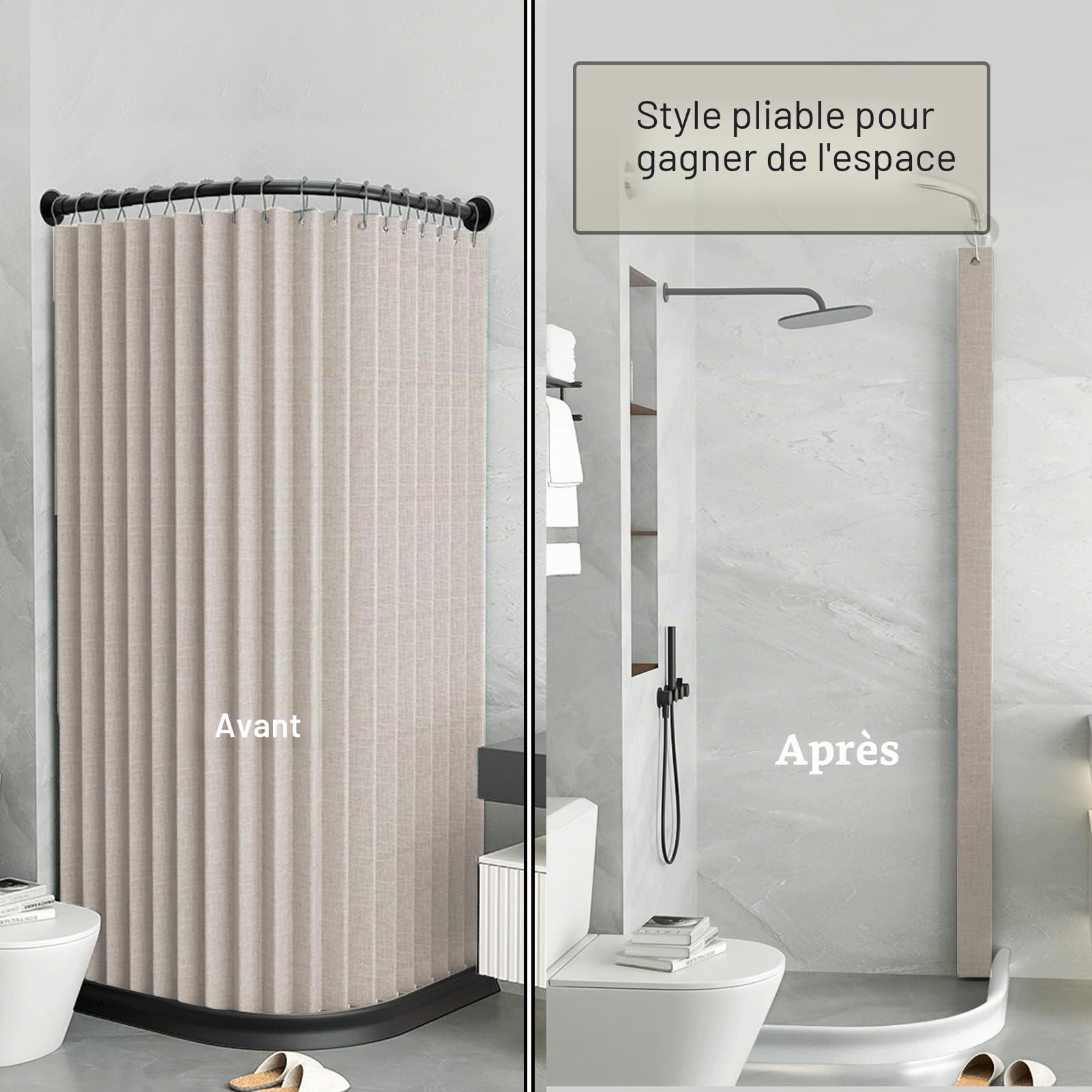 Rideau de Douche Pliable Anti-moisissure, Beige, 150x200cm | Aimant Rideau de douche en tissu épais avec crochet, pliable pour salle de bain, 220g/m²
