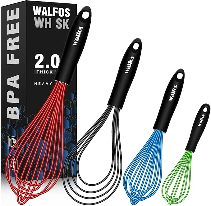 Walfos Silicone Whisks set,Non Scratch Coated Whisk for Cooking and Baking,Heavy