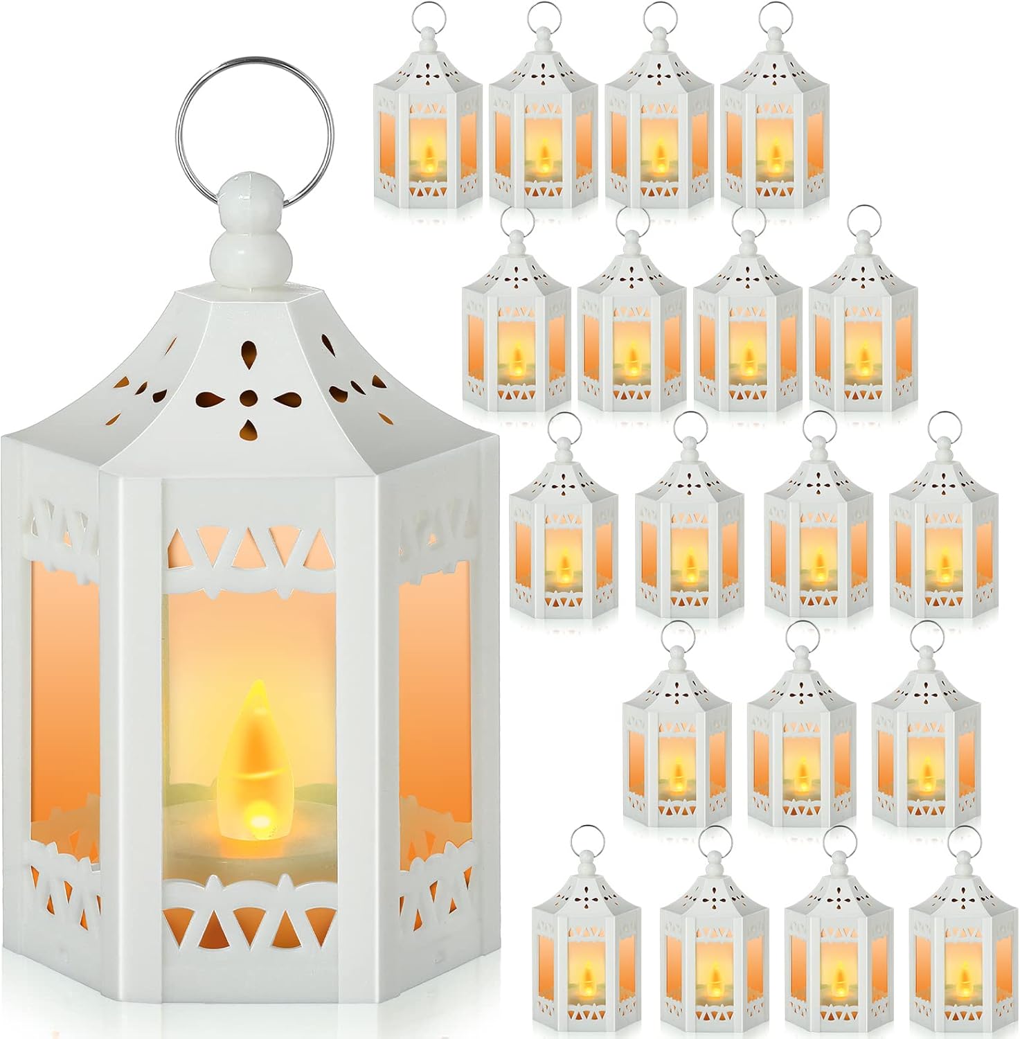 Hortsun 30 Pcs Mini Vintage Lantern Decorative 4.3 Inches Wedding Table Centerpiece LED Candles Lamp Battery Powered Hanging Tealight Lantern for Home Indoor Outdoor Party Decor(White)