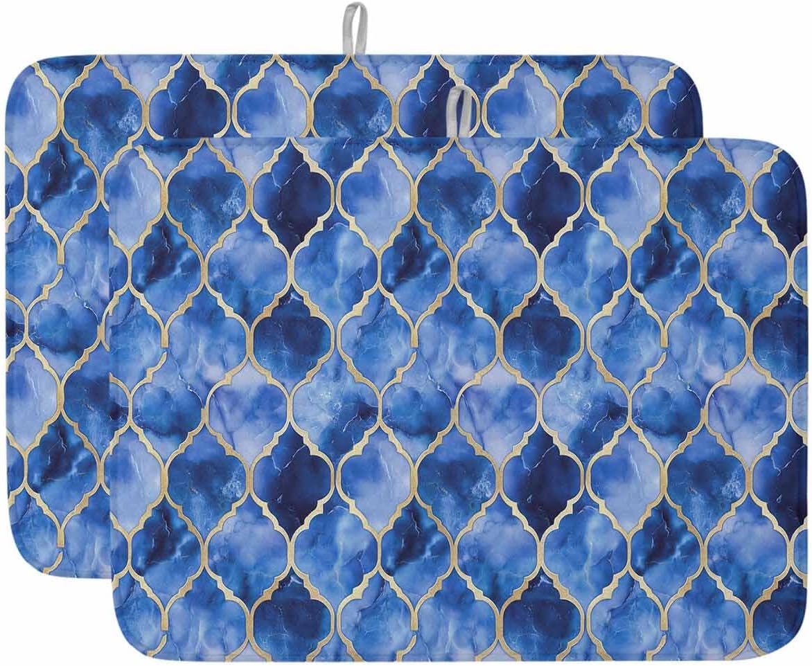Dish Drying Mat for Kitchen Counter Blue Geometric Tiled Texture Highly Absorbent Dish Drainer 18 x 24 Inches Dish Drying Pad for Kitchen Counter, Sink, Draining Racks 2PCS