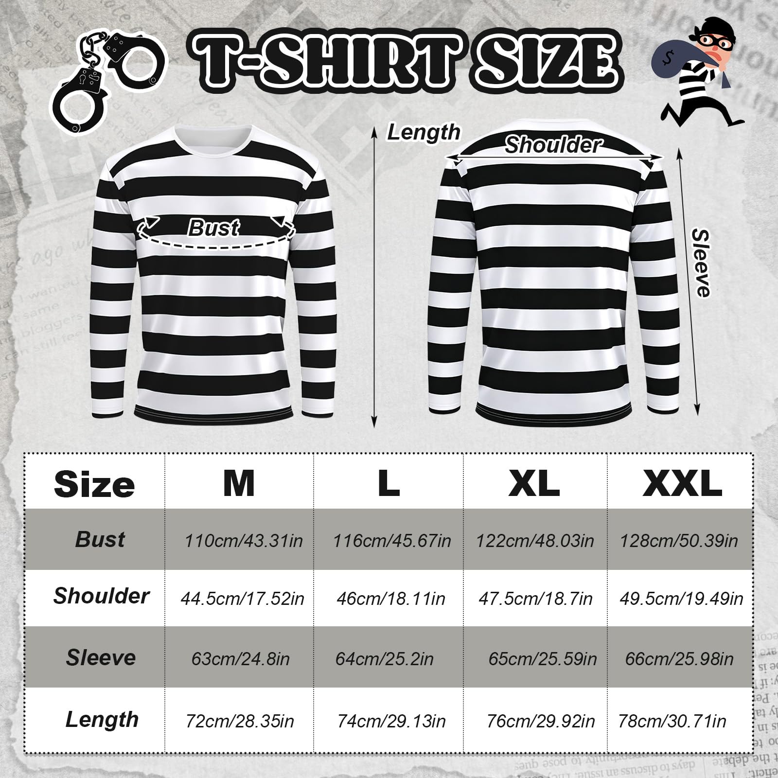 Dazzroi 6pcs Burglar Costume Set for Adults Robber Fancy Dress with Black and White Striped T-Shirt Beanie Hat Eye Mask Gloves Money Bag Banknote for World Book Day Halloween Cosplay Theme Parties - Image 2