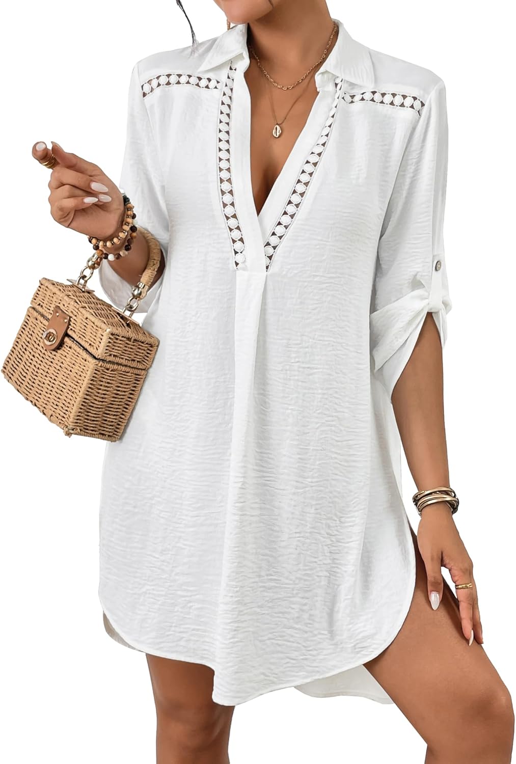 Bsubseach Women’s Swimsuit Coverup V Neck Bathing Suit Cove Up for Swimwear Long Sleeve Beach Dress Shirt