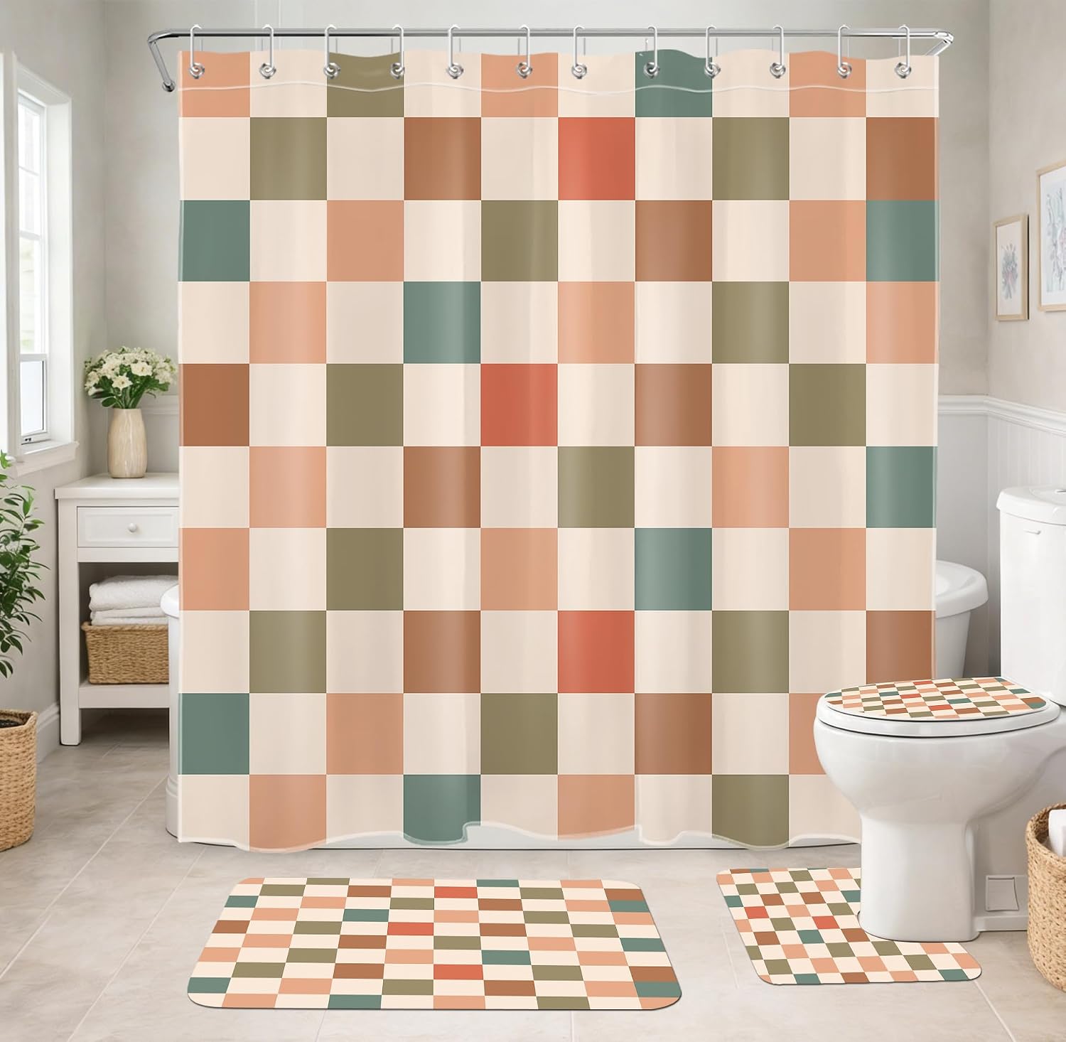 Checkered Shower Curtain Set 4 Pcs Retro Checkerboard Bathroom Set with Non Slip Mat Contour Toilet Lid Cover Geometric Bathroom Decor, 72 x 72 Inches