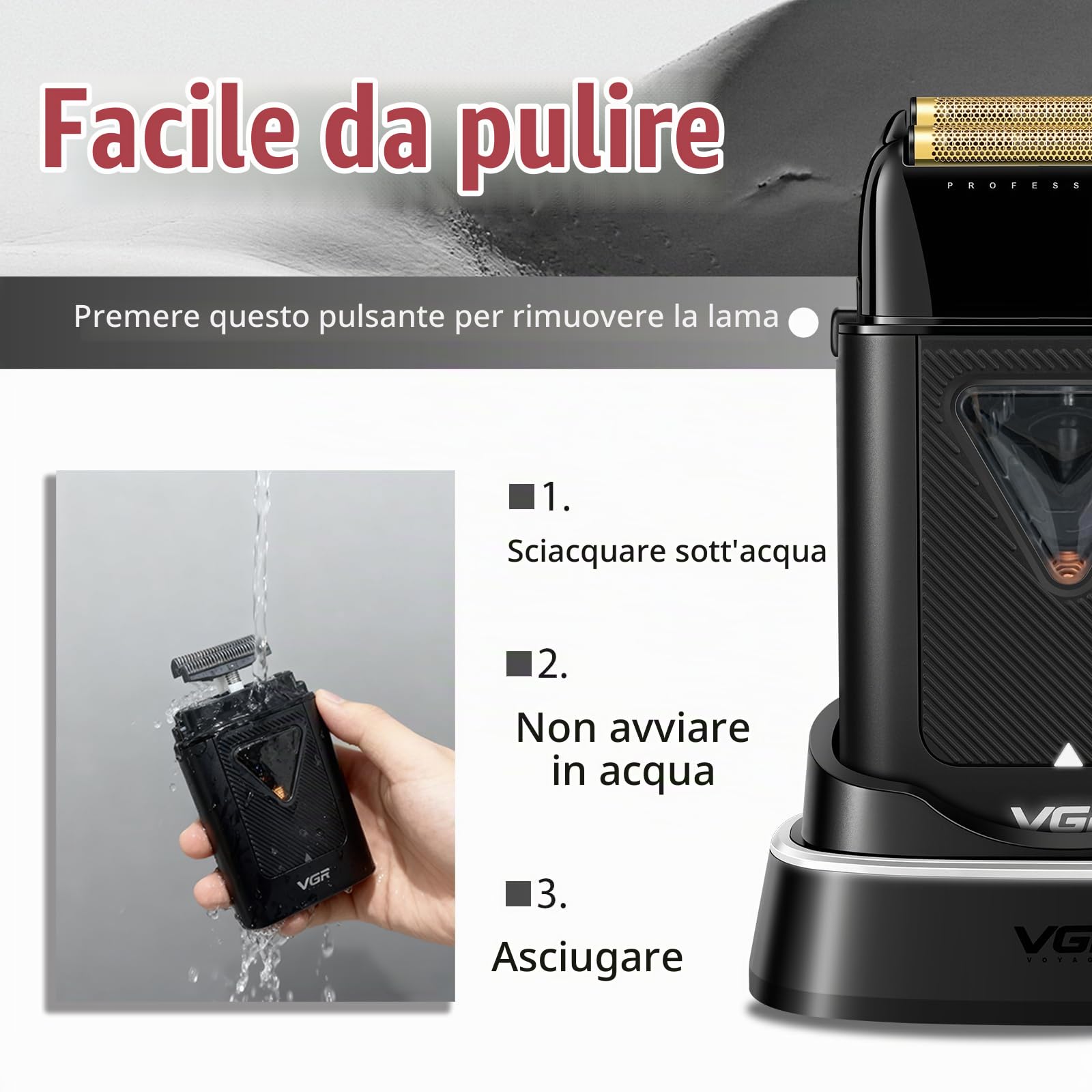 VGR 334 Rasoio Elettrico Barba Professionale Per Uomo Elettrico, Foil Shaver Barba Con Motore Vettoriale da 10000 Giri/Min, Shaver Capelli con Base di Ricarica Wireless, Luci a LED e Borsa da Viaggio