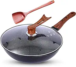 Wok antiaderente de 32 cm com tampa e espátula de madeira – Frigideira revestida de granito, presente de cozinha perfeito para chefs domésticos – Wok de fundo plano para indução, fogão a gás