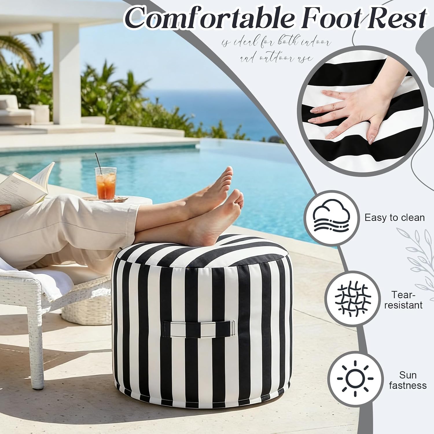 Outdoor Ottoman Waterproof Bean Bag Footrest Round Pouf Comfortable Footstool with Portable Handle, 21 x 17 Inches Colorfast Striped Fabric for Pool Patio Yard Garden(Black & White Stripes)