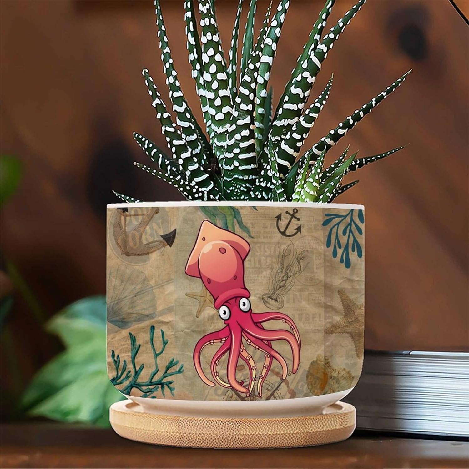 Set of 3 Small Ceramic Planters for Indoor Retro Ocean Animal Squid Succulent Planters Beach House Decor Ceramic Planters for Indoor Plants with Drainage Bamboo Trays