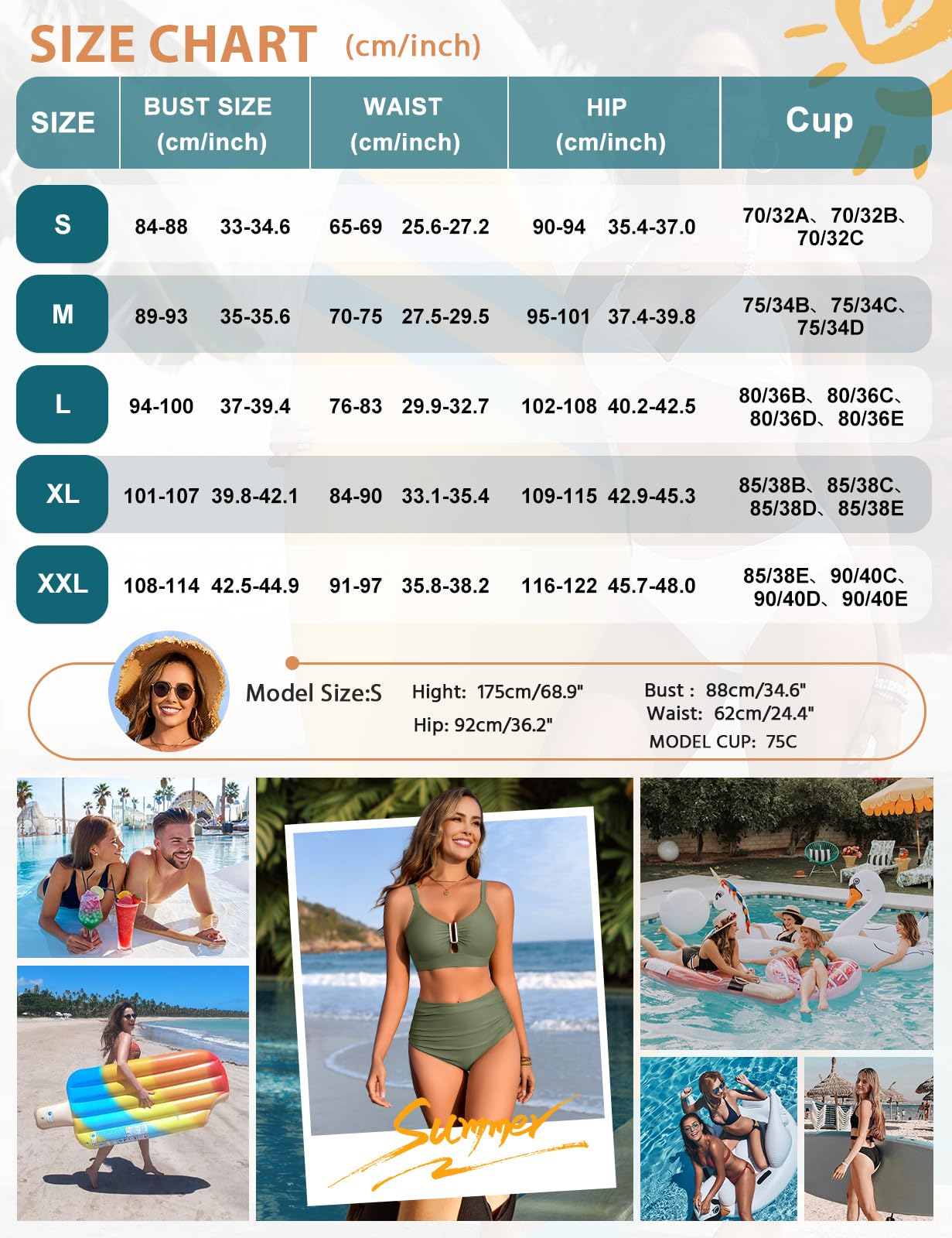 UMIPUBO Maillot de Bain Femme 2 Pieces Bikini Set Gainant Ventre Plat Push Up Haute Taille Culotte Grande Métal Décolleté en U Deux Pièces