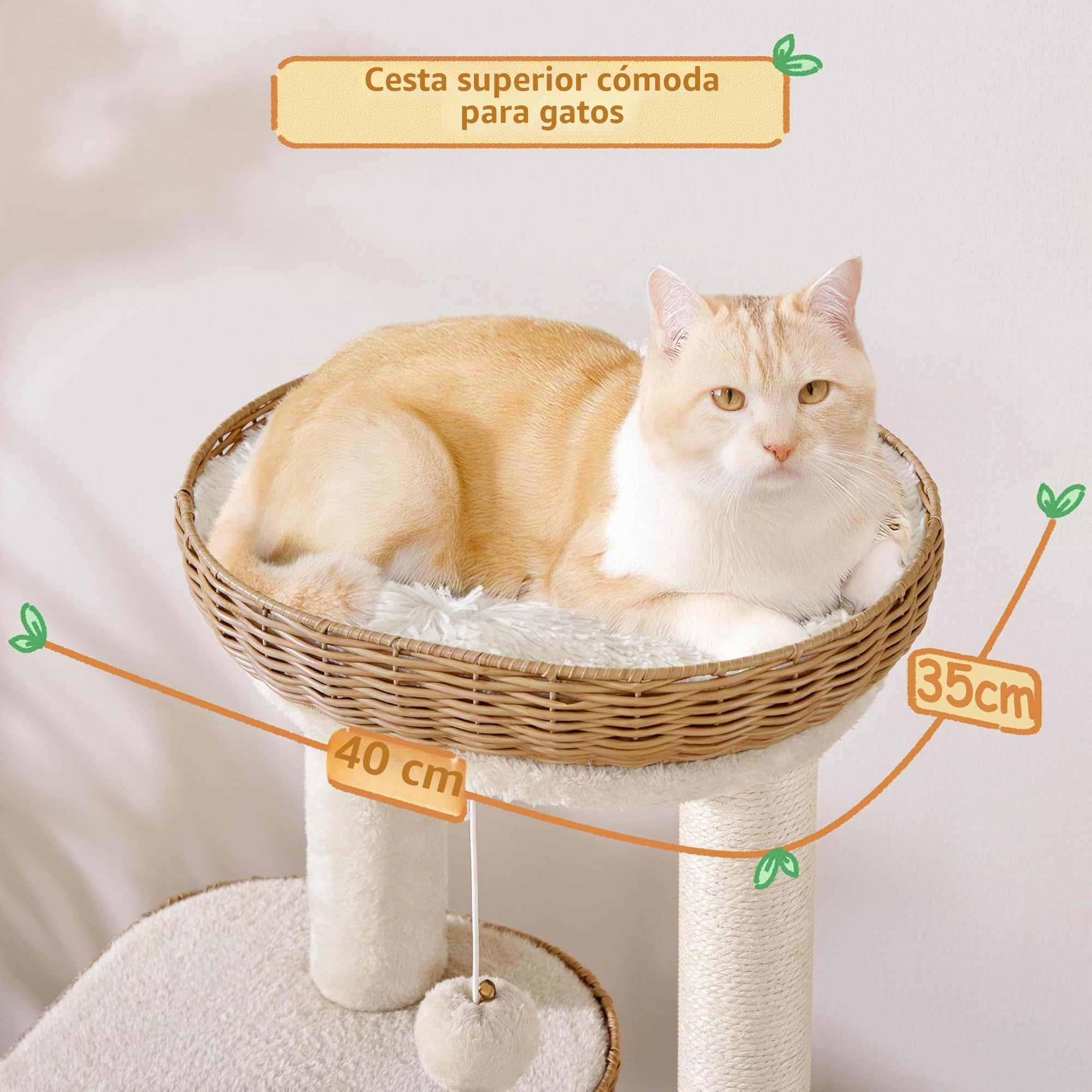 Yaheetech Árbol Rascador para Gatos Ratán Tejido a Mano 91cm Beige | Para Gatos Grandes,Cojines Lavables,Fácil montaje,Duradero, Estabilidad,Perca ancha,multifuncional,Bola colgante sustituible