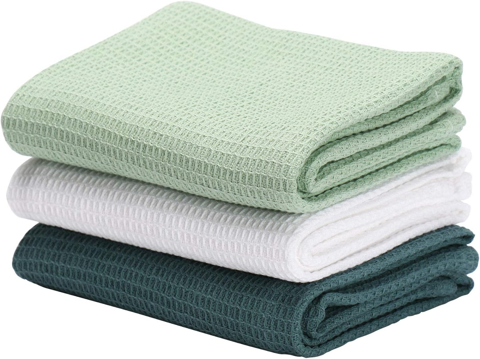Jennice House Dish Cloths Dish Towels Set, Cotton Waffle Weave Kitchen Towels, Ultra Soft Absorbent Hand Towels in Large Size, Set of 3 (Green Set)