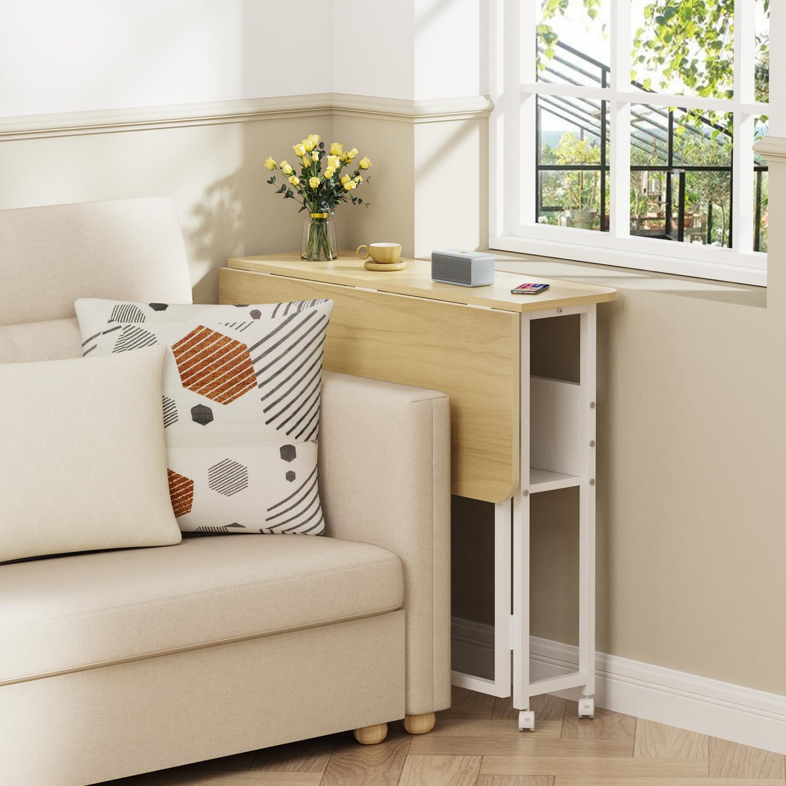 HUOLE - Tavolino per soggiorno, divano, esterno, regolabile in altezza, da appoggio per ufficio, per soggiorno, camera da letto, 80 x 58 x 75 cm - acero bianco