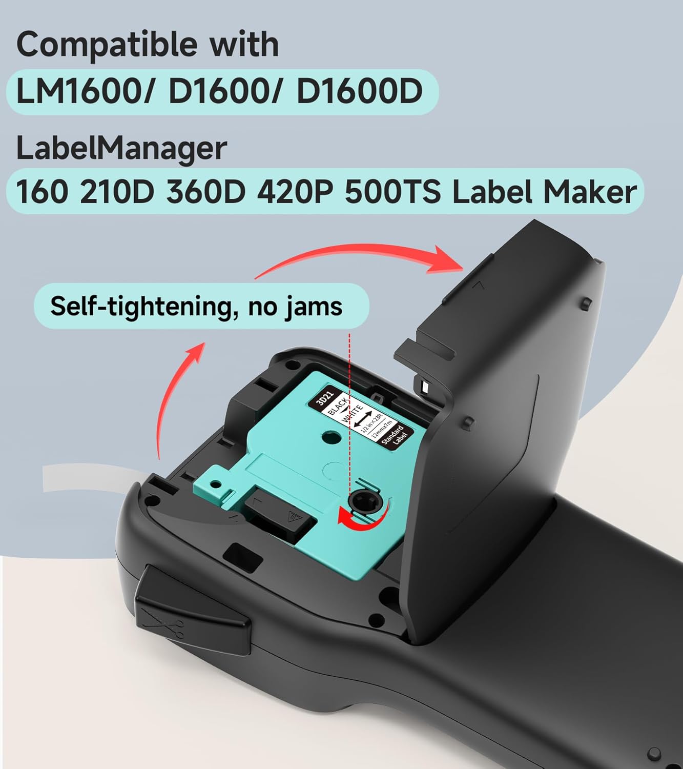 Vixic LM1600 Label Maker with tape compartment open, showing tape insertion