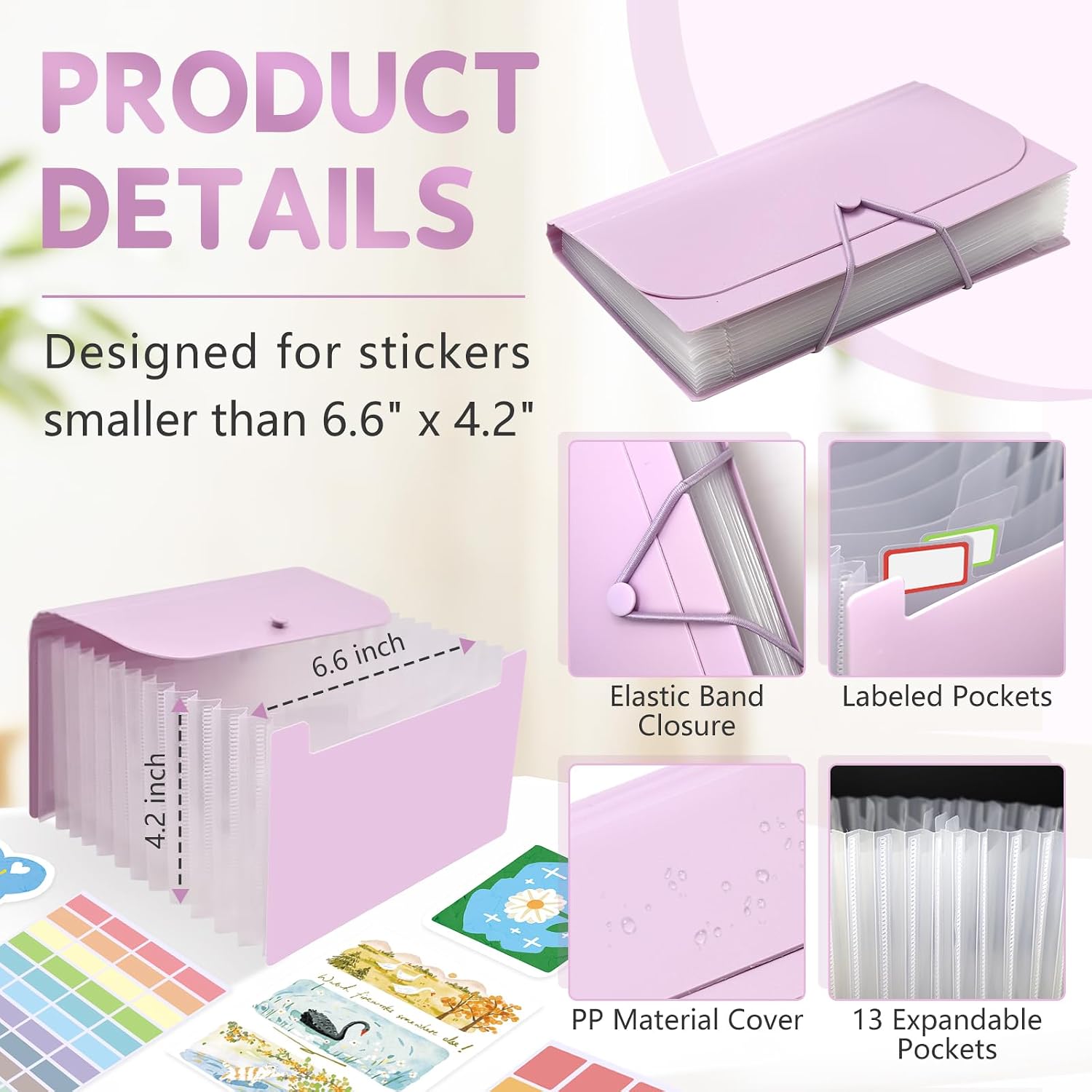 A6 Sticker Storage Organizer Binder Box 13 Expandable Pocket, Purple image 2