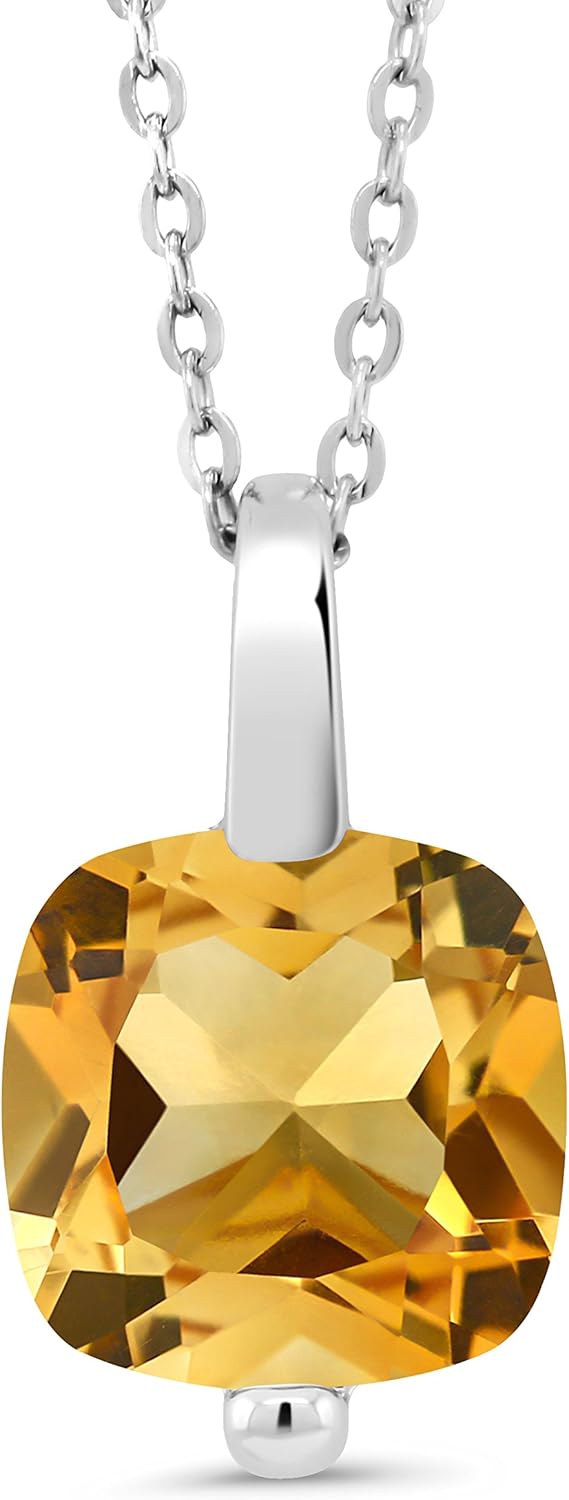 Gem Stone King 3-5 Cttw Gemstone Birthstone Solitaire Pendant Necklace For Women | 925 Sterling Silver | 10MM Cushion Cut | With 18 Inch Silver Chain | Fine Jewelry Gifts for Her Mom Women Wife