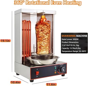 Shawarma Grill Machine, Electric Vertical Rotisserie with 2 Burners for Home, 3000w Countertop Rotating Doner Kebab Oven Broiler Gyro Maker, 360 Rotating