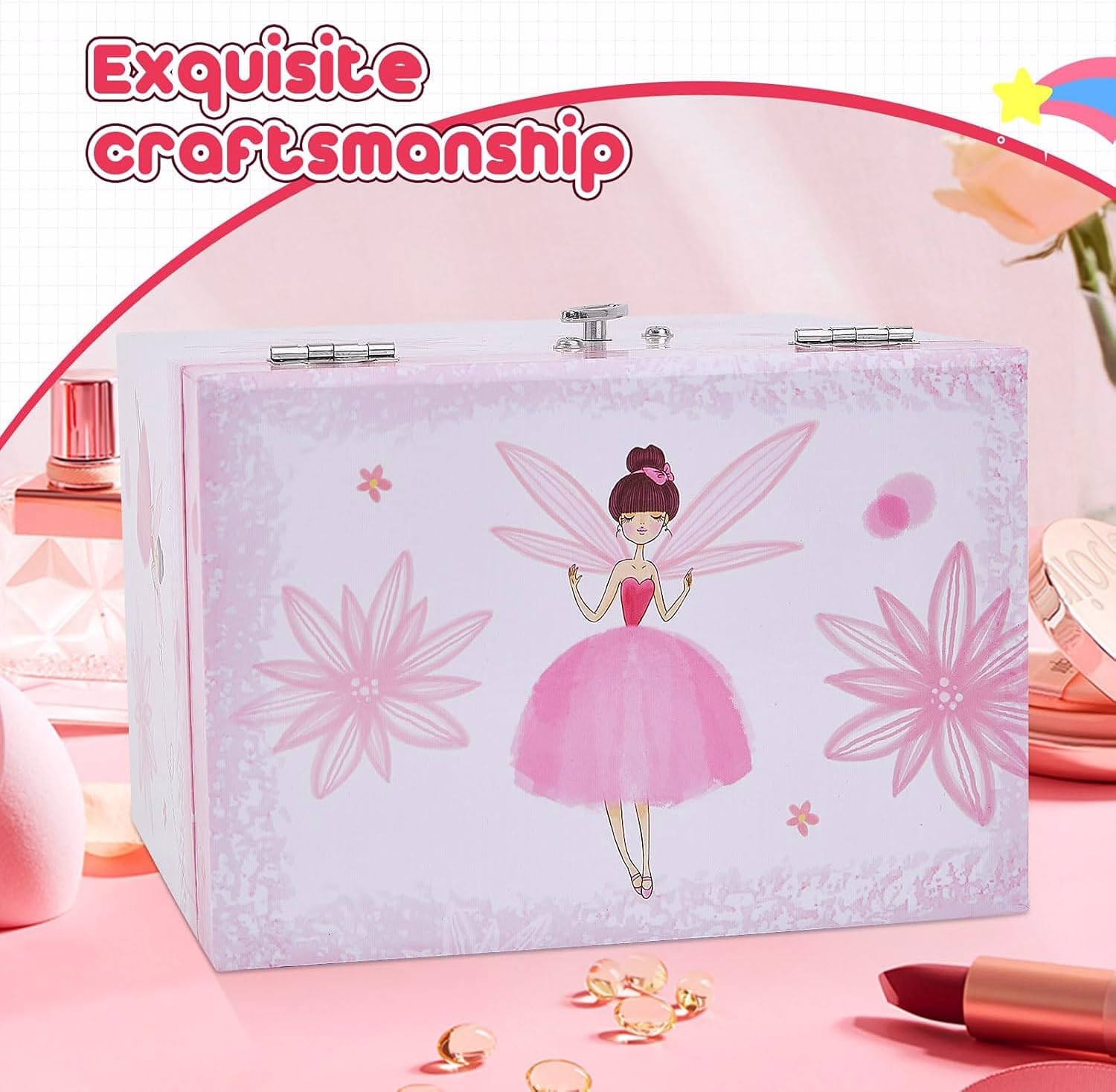 Ballerina Musical Jewellery Box with 2 Drawers for Girls,Fairy Design Kids Music Box with Spinning Ballerina,Kids Jewel Storage Box for Girls Ages 3-12 Kids Gift